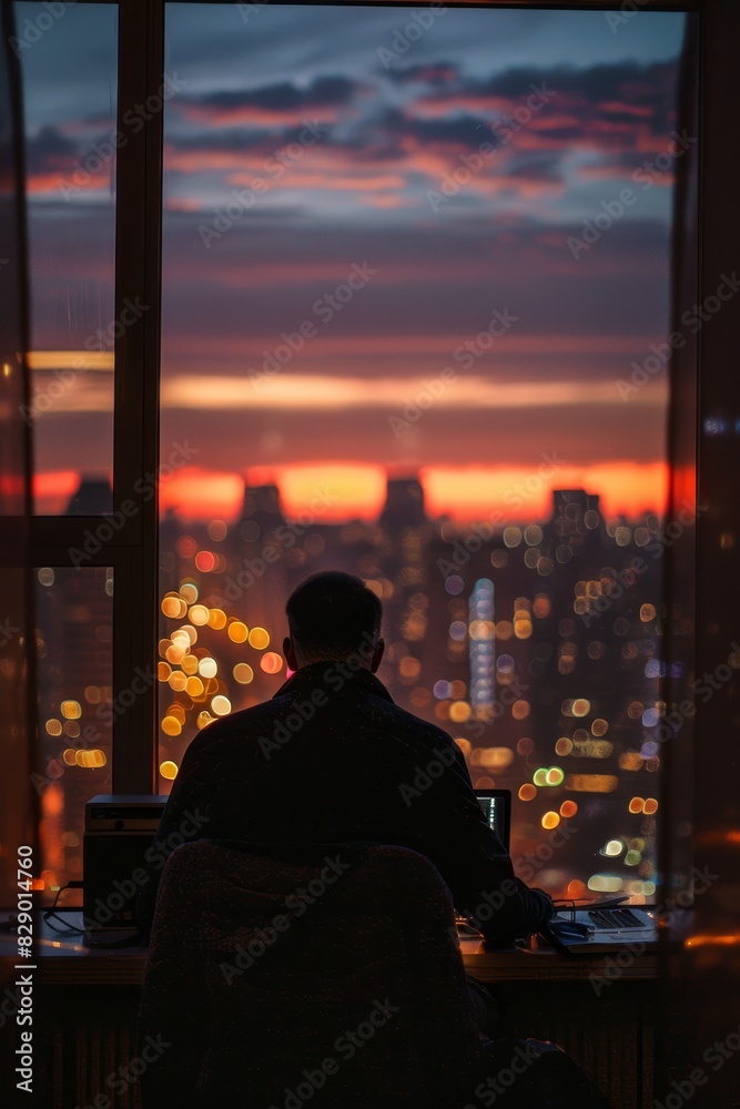 A man working on laptop against a twilight city backdrop A man working on laptop against a twilight city backdrop