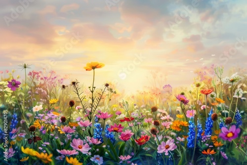 Fototapeta Naklejka Na Ścianę i Meble -  Beautiful wild flowers blooming at sunrise, artistic field painting with oil colors