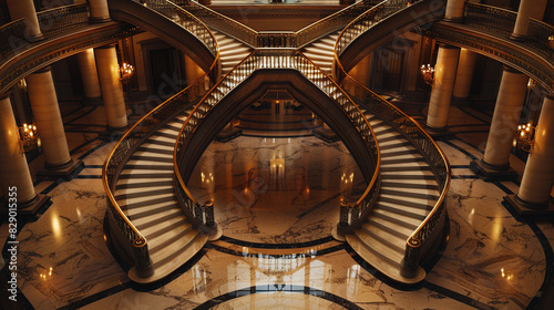 Synchronized Elegance: Twin Spiral Staircases in a Luxurious Hotel Foyer
