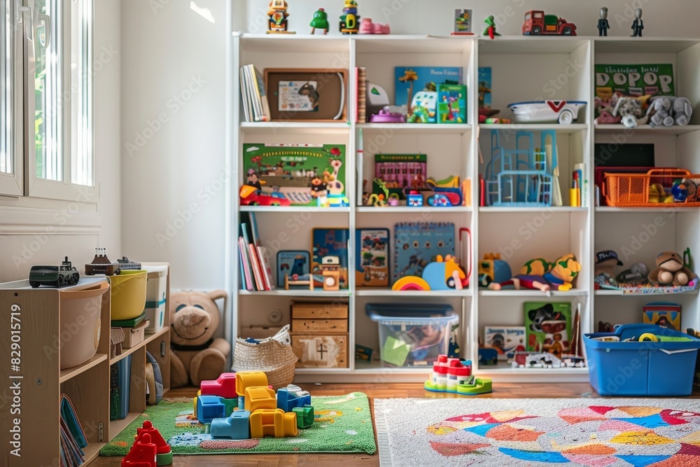 Bright and tidy childrens playroom with toys, books, and cozy play area, organized and inviting Bright and tidy childrens playroom with toys, books, and cozy play area, organized and inviting