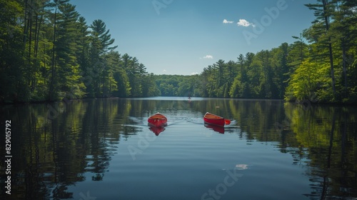 Two Red Canoes Floating on a Lake Surrounded by Trees