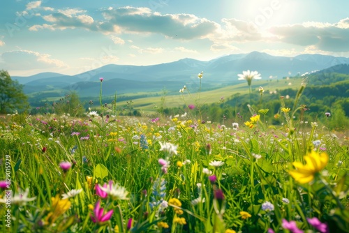 Fototapeta Naklejka Na Ścianę i Meble -  Idyllic mountain landscape with green meadows and wildflowers, rural nature view for spring summer scenery