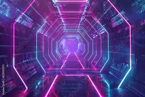 Fototapeta Naklejka Na Ścianę i Meble -  Abstract futuristic neon hexagon tunnel with glowing light lines.