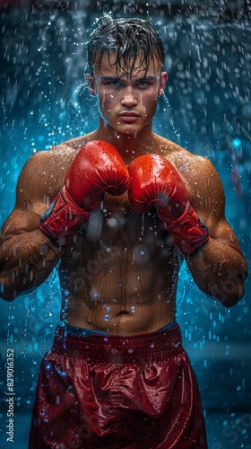 Man Wearing Boxing Gloves in the Rain