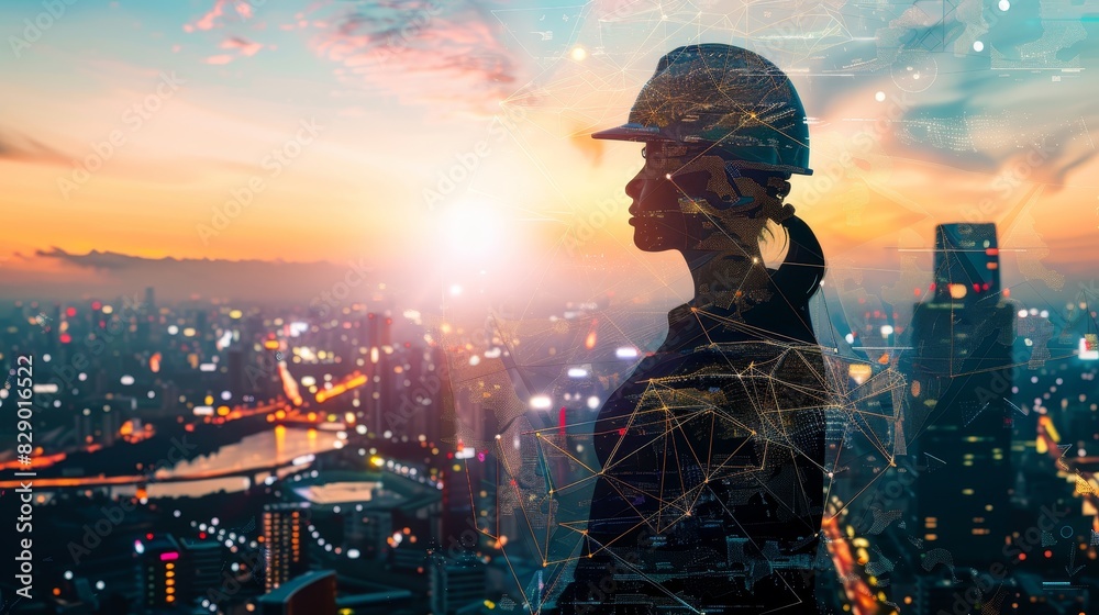 Fototapeta premium Silhouette of a worker overlaid with cityscape and digital network