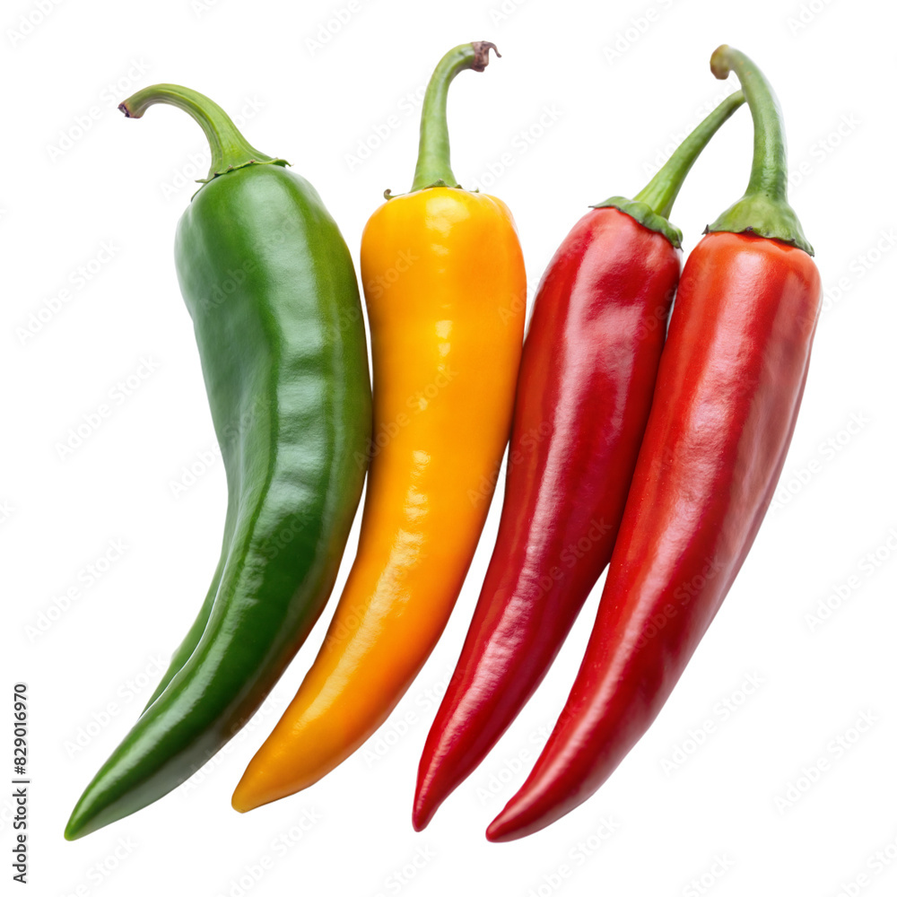 Three Different Colored Peppers on Transparent Background Three Different Colored Peppers on Transparent Background