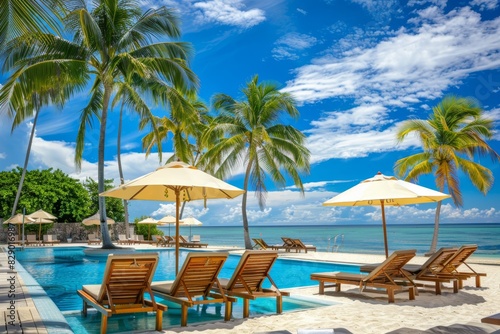 Luxury beach resort hotel swimming pool  palm trees  happy tourism holiday landscape