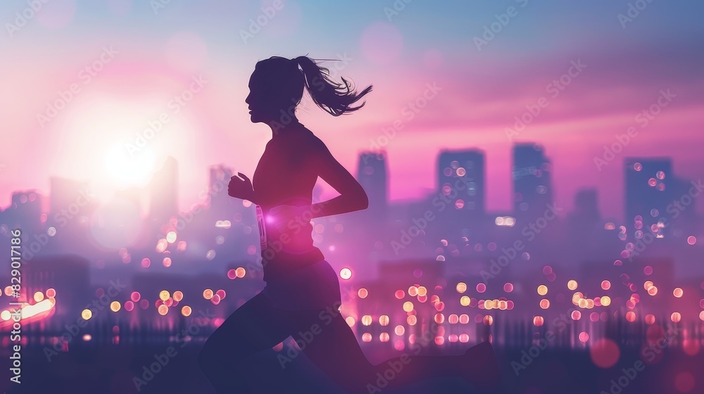 A female runner training at twilight with bright city lights behind 