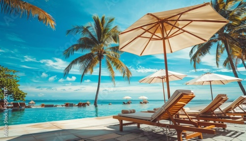 Luxury beach resort. swimming pool  palm trees  beach chairs  and sunny sky vacation background