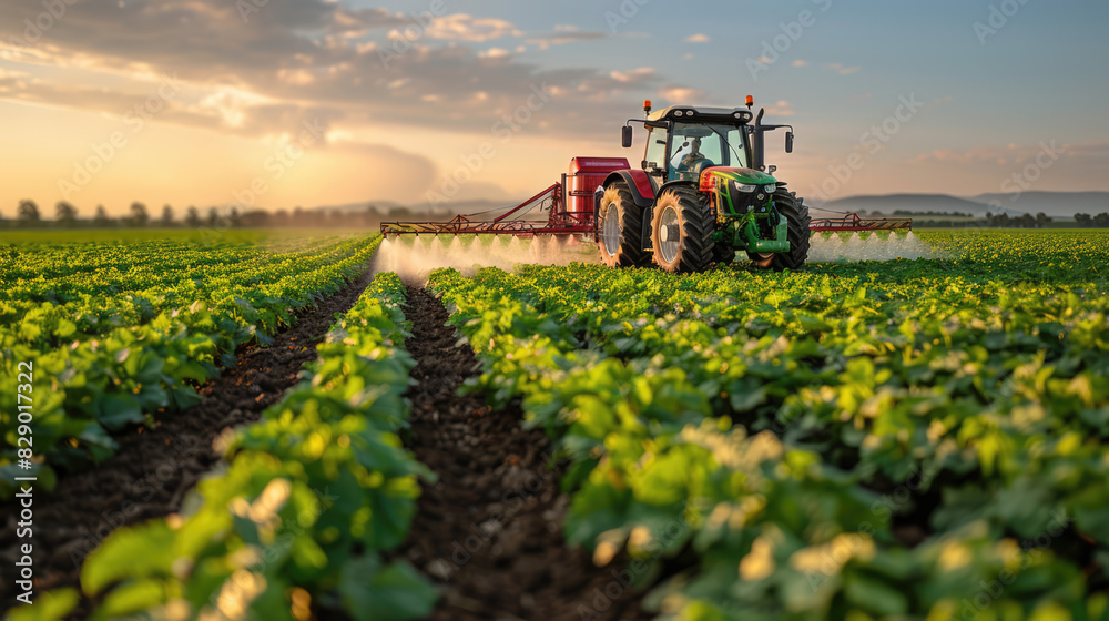 Modern Tractor Spraying Rural Farmland --style raw Modern Tractor Spraying Rural Farmland --style raw