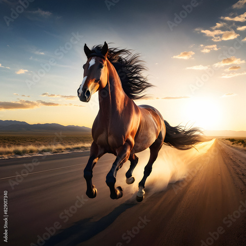 Solitary Speed: Horse Blazes Across Sunset Highway. generative AI © EVISUAL