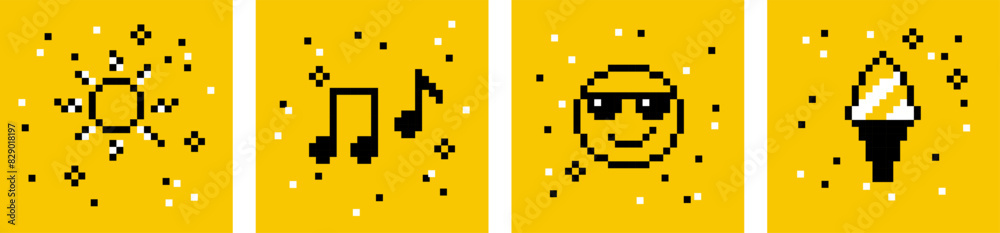 Fototapeta premium Bright summer collection. Sun, music, smile, sunglasses, ice cream. Pixel art icon set. Y2k trendy playful pixelated stickers. Mood of 90's aesthetics. 8-bit retro style vector illustration
