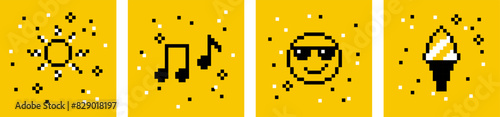 Bright summer collection. Sun, music, smile, sunglasses, ice cream. Pixel art icon set. Y2k trendy playful pixelated stickers. Mood of 90's aesthetics. 8-bit retro style vector illustration
