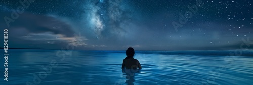 Tranquil image of a person in the water looking at a breathtaking Milky Way stretched above in a night sky photo