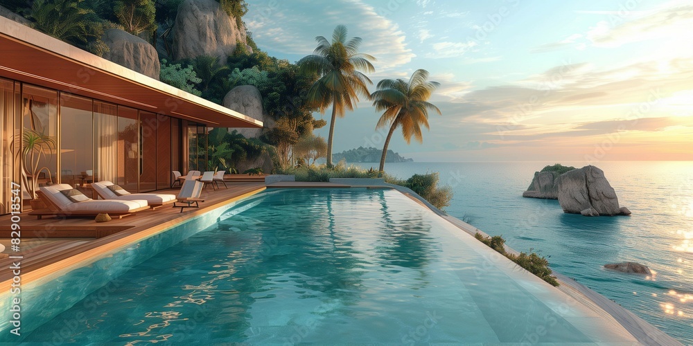 Fototapeta premium Modern Beachfront Villa with Panoramic Ocean Views, generative ai