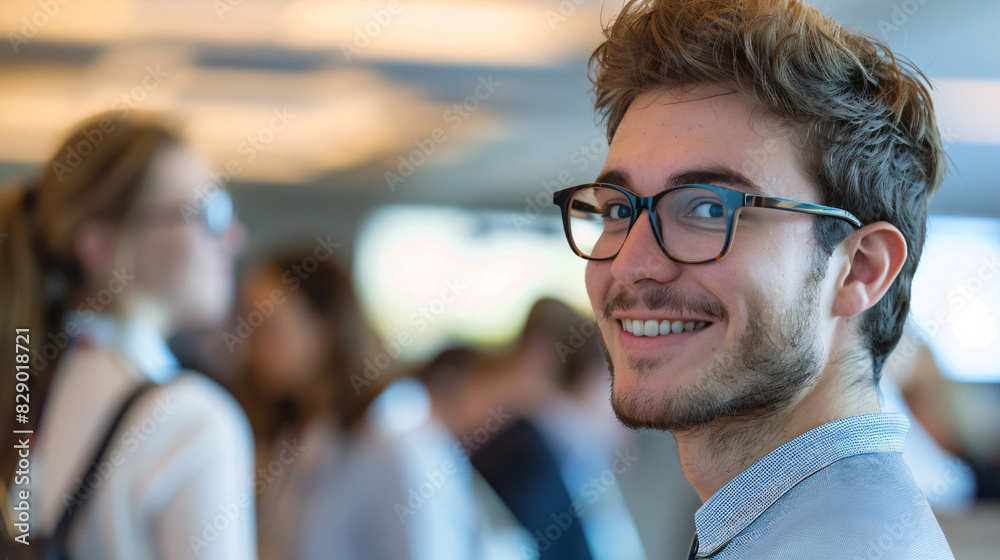 Happy young professional at conference. Young man smiles for the camera while networking at a professional event. Happy young professional at conference. Young man smiles for the camera while networking at a professional event.