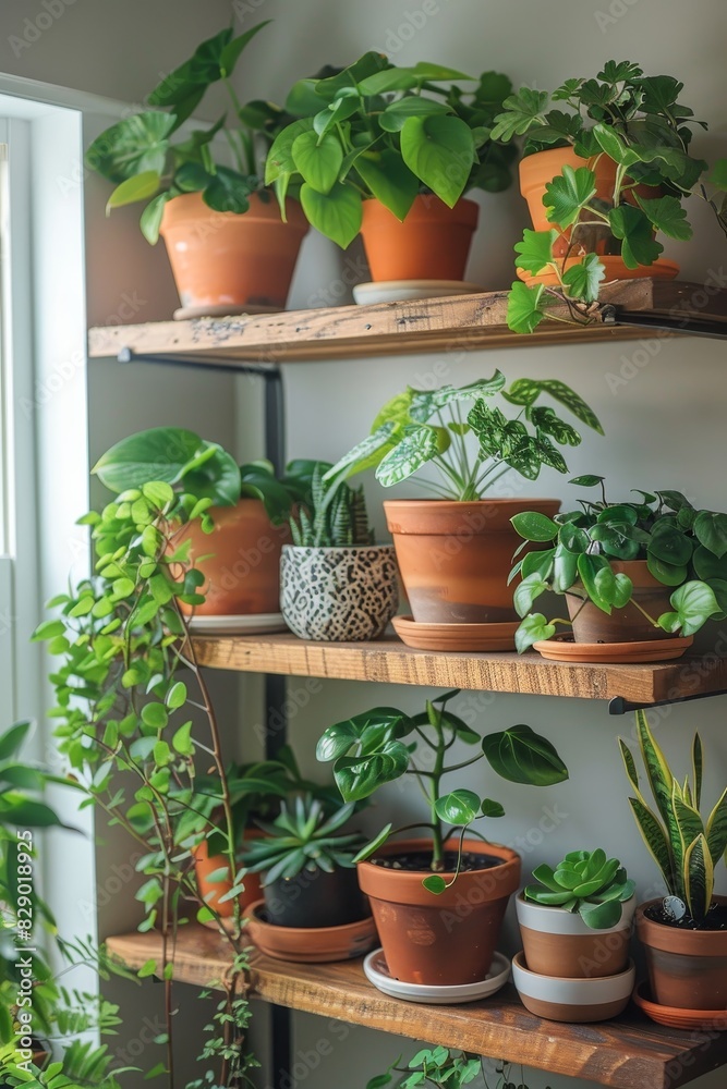  Shelves adorned with vibrant potted plants breathe life 