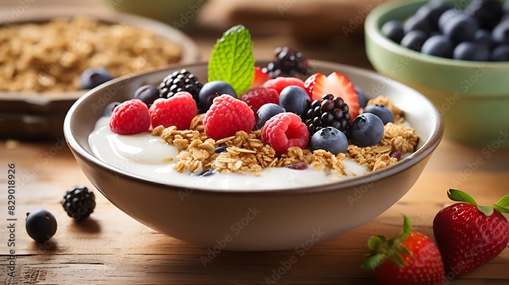 Healthy breakfast bowl with yogurt, granola, and fresh berries Healthy breakfast bowl with yogurt, granola, and fresh berries