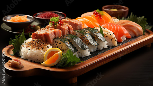 An assortment of sushi and sashimi on a wooden board.