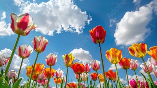 A stunning variety of multicolored tulips beneath a clear blue sky filled with white clouds