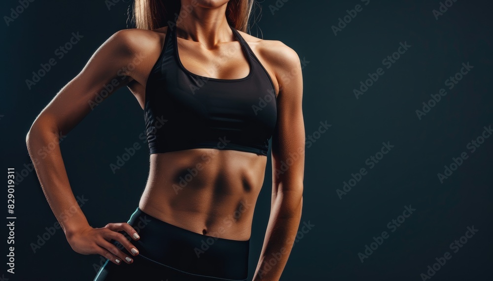 © Daria - Female athlete with toned waist in sportswear on black background, fitness and gymnastics concept