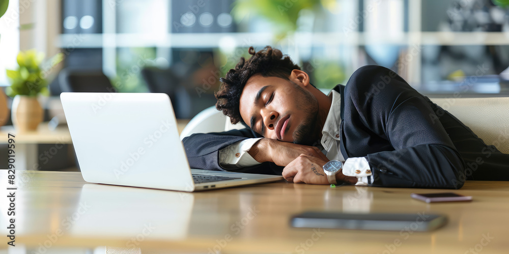Overworked young business man in suit sleeping on his office table with laptop