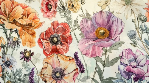 Bright Floral Watercolor Painting Displaying Colorful Spring Flowers In Bloom