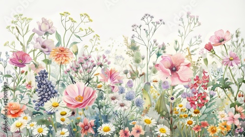 Bright Floral Watercolor Painting Displaying Colorful Spring Flowers In Bloom