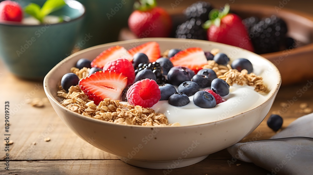 Healthy breakfast bowl with yogurt, granola, and fresh berries Healthy breakfast bowl with yogurt, granola, and fresh berries