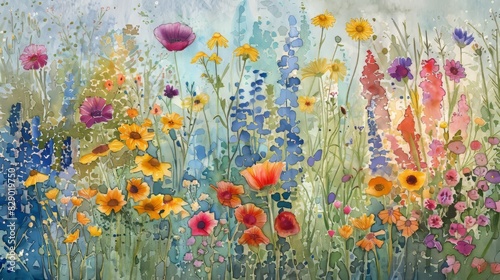 Bright Floral Watercolor Painting Displaying Colorful Spring Flowers In Bloom