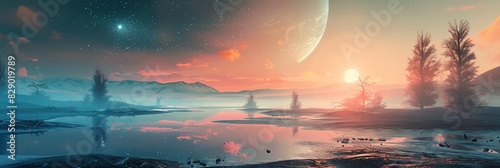 The image is showing a beautiful landscape of an alien planet with two moons in the sky
