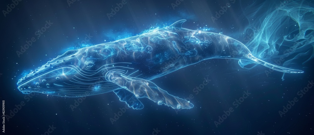 In the cyan glow of the whale silhouette, the nightscape is transformed into a mesmerizing underwater world In the cyan glow of the whale silhouette, the nightscape is transformed into a mesmerizing underwater world