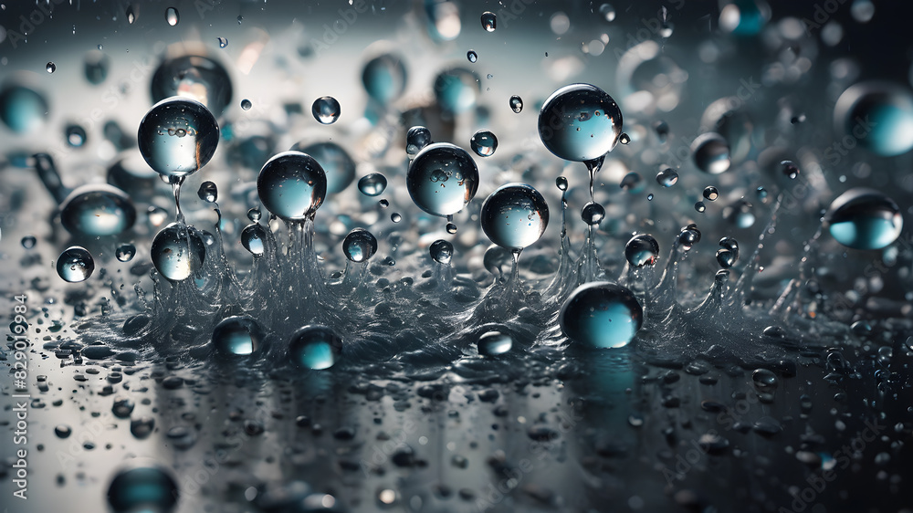 Black art glass ball splashes drops and micro macro splashes on black damp background. AI generated image, ai Black art glass ball splashes drops and micro macro splashes on black damp background. AI generated image, ai