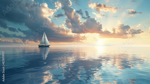 Serene lone sailboat on a reflective ocean expanse under a vast sky