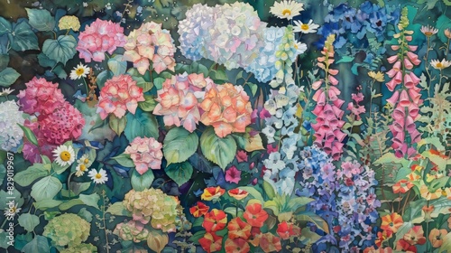 Bright Floral Watercolor Painting Displaying Colorful Spring Flowers In Bloom