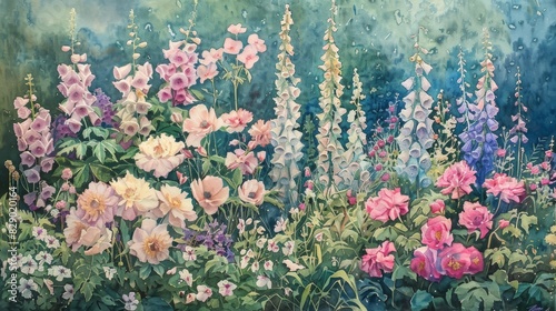 Bright Floral Watercolor Painting Displaying Colorful Spring Flowers In Bloom