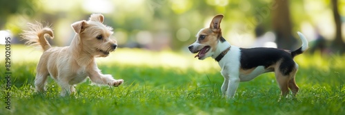 Photo capturing a playful moment between two dogs in a park with green grass photo
