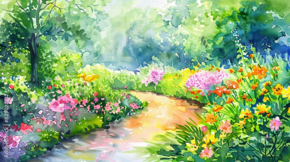 Obraz premium Watercolor Painting Serene Pathway Through Vibrant Flower Garden