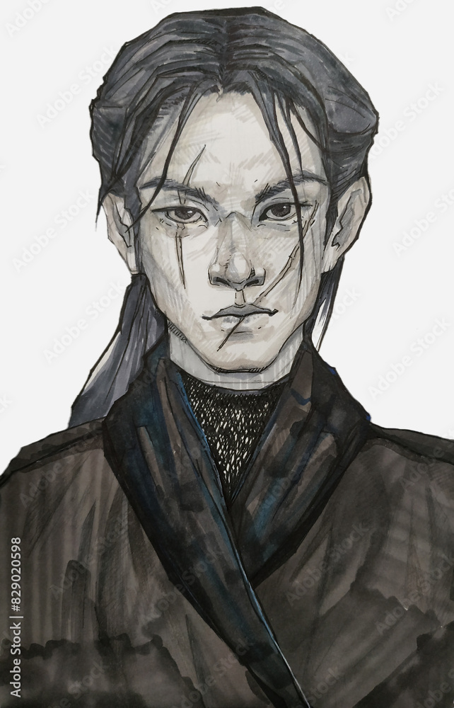 Obraz premium Drawing young comic style man face scar. Asian with long black hair. Samurai Character portrait art Guy in kimono frontal viev face drawing coloring contour people outline ink detailed illustration