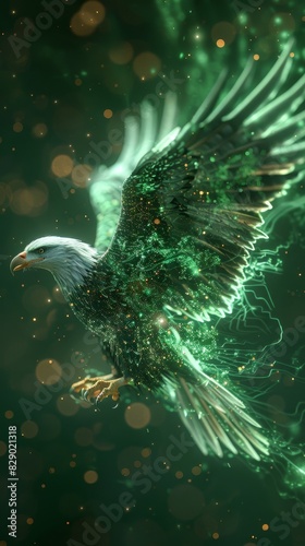 In the tranquil green glow of the nightscape, an eagle silhouette soars majestically © Fokasu Art