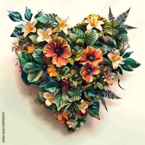 Heart in the form of flowers and leaves on a white background