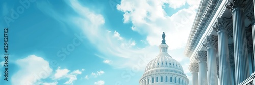 The iconic Capitol Building is framed against a dramatic blue sky with fluffy clouds and open space