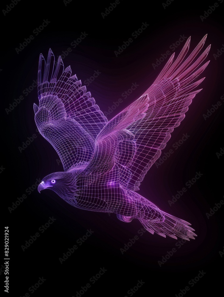 In the tranquil twilight, a lavender glow accentuates a hawk silhouette against a black background In the tranquil twilight, a lavender glow accentuates a hawk silhouette against a black background