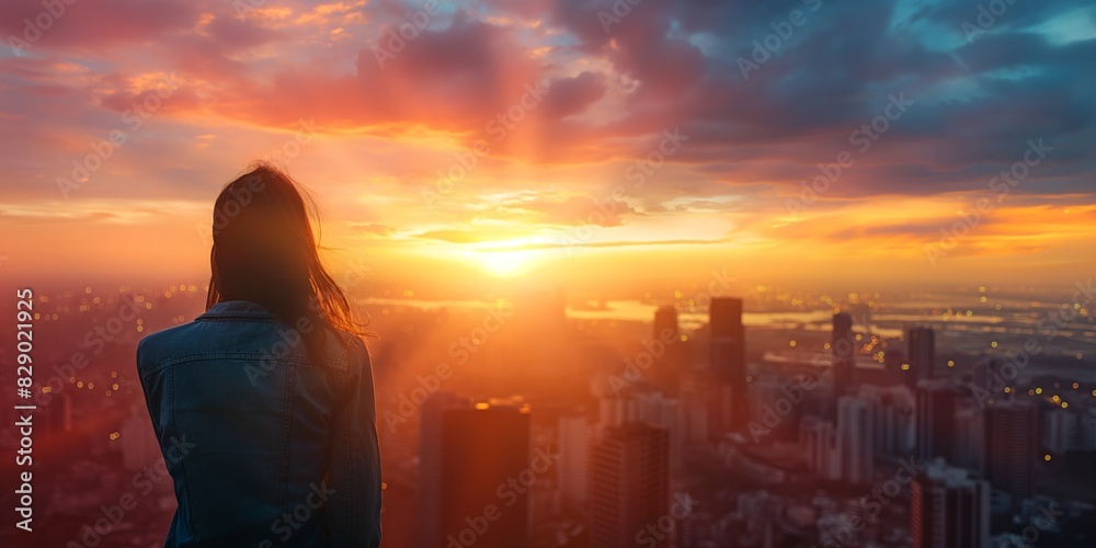 A woman enjoys the magnificent view of the cityscape bathed in the glow of a stunning sunset