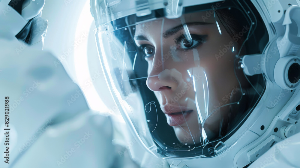 A woman in a robot suit with a blue helmet A woman in a robot suit with a blue helmet