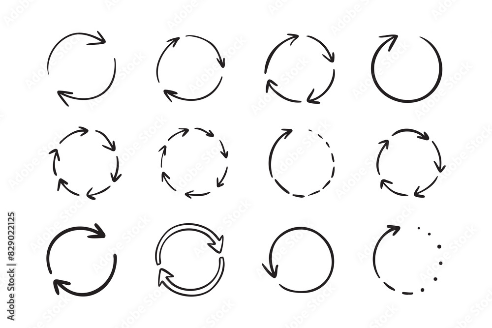 Fototapeta premium Round circle doodle arrows. Hand drawn arrow icons set. Recycle sketch signs. Repeat line symbols.