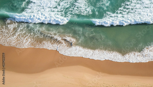 view from top, A serene illustration depicting gentle waves rolling onto a sandy beach, creating a tranquil and calming atmosphere perfect for relaxation and meditation.
