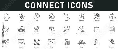 Connect Icons vector illustration with thin line editable stroke containing network, join, collaborate, interact, integration, connection, link, together, connectivity, interaction, connecting, cable