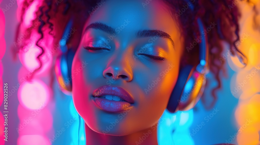 Obraz premium Happy girl listens to music in headphones