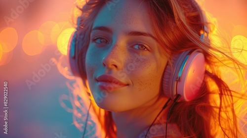 Happy girl listens to music in headphones